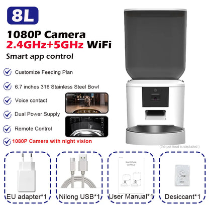5G Automatic Cat Feeder with 1080P Camera Video Wifi Cat Food Dispenser Pet Smart Voice Recorder Remote Control Pet Auto Feeder