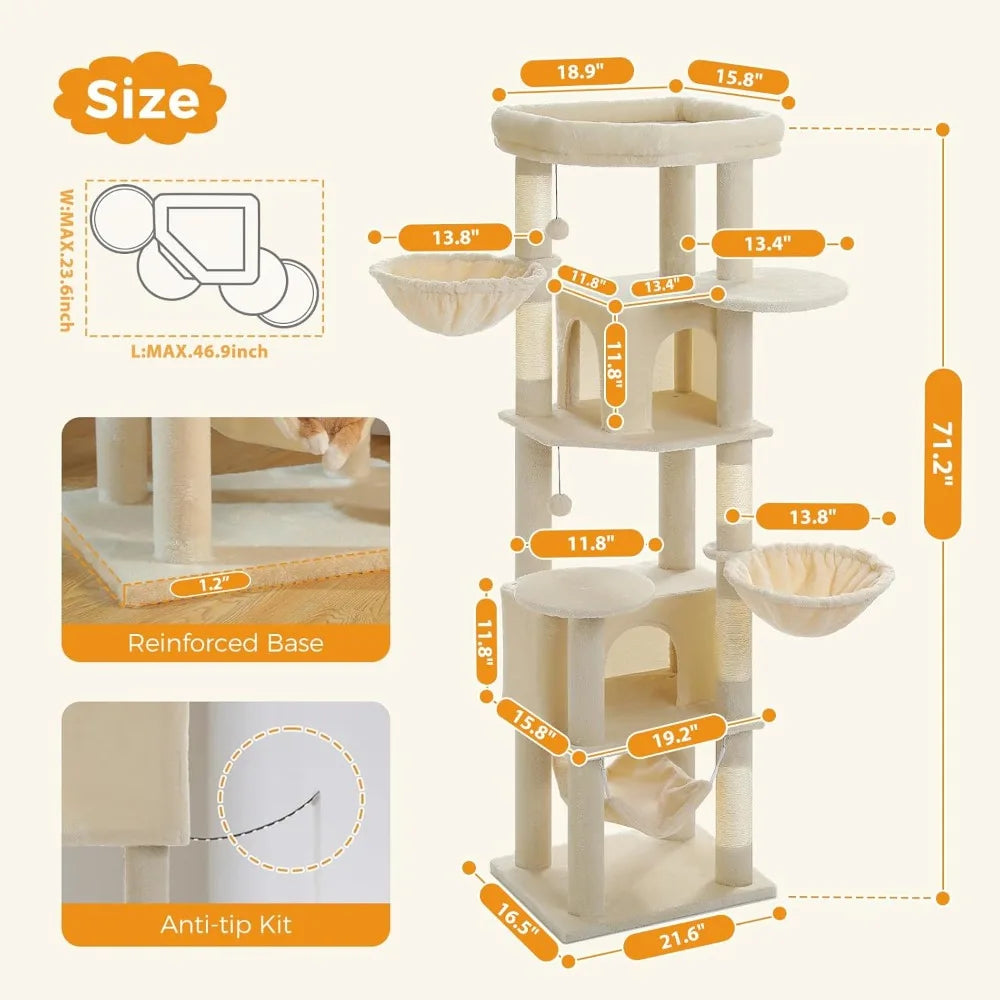 71.2 Inches Tall Cat Tree for Large Cats, Multi-Level Cat Tower with 2 Cozy Condos, Super Large Top Perch, 3 Hammocks, Sisal Scr