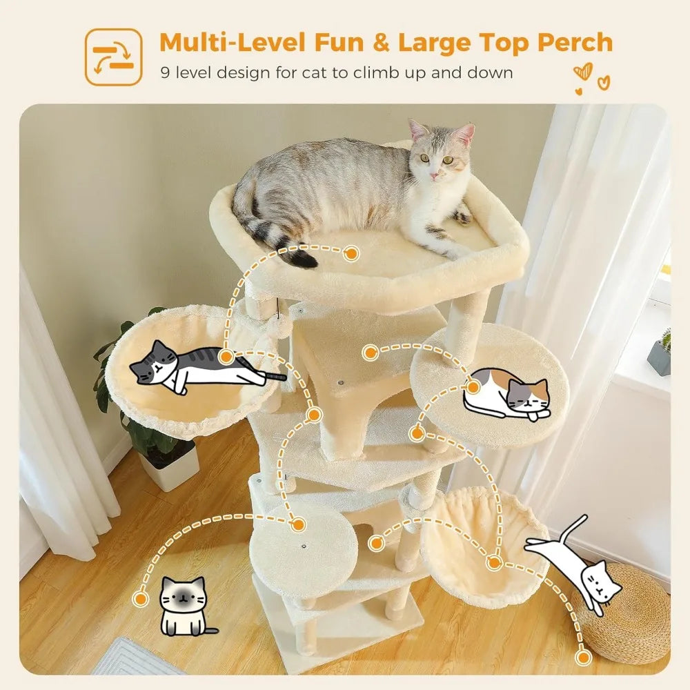 71.2 Inches Tall Cat Tree for Large Cats, Multi-Level Cat Tower with 2 Cozy Condos, Super Large Top Perch, 3 Hammocks, Sisal Scr