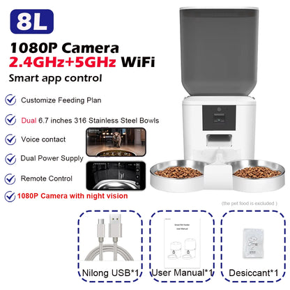 5G Automatic Cat Feeder with 1080P Camera Video Wifi Cat Food Dispenser Pet Smart Voice Recorder Remote Control Pet Auto Feeder