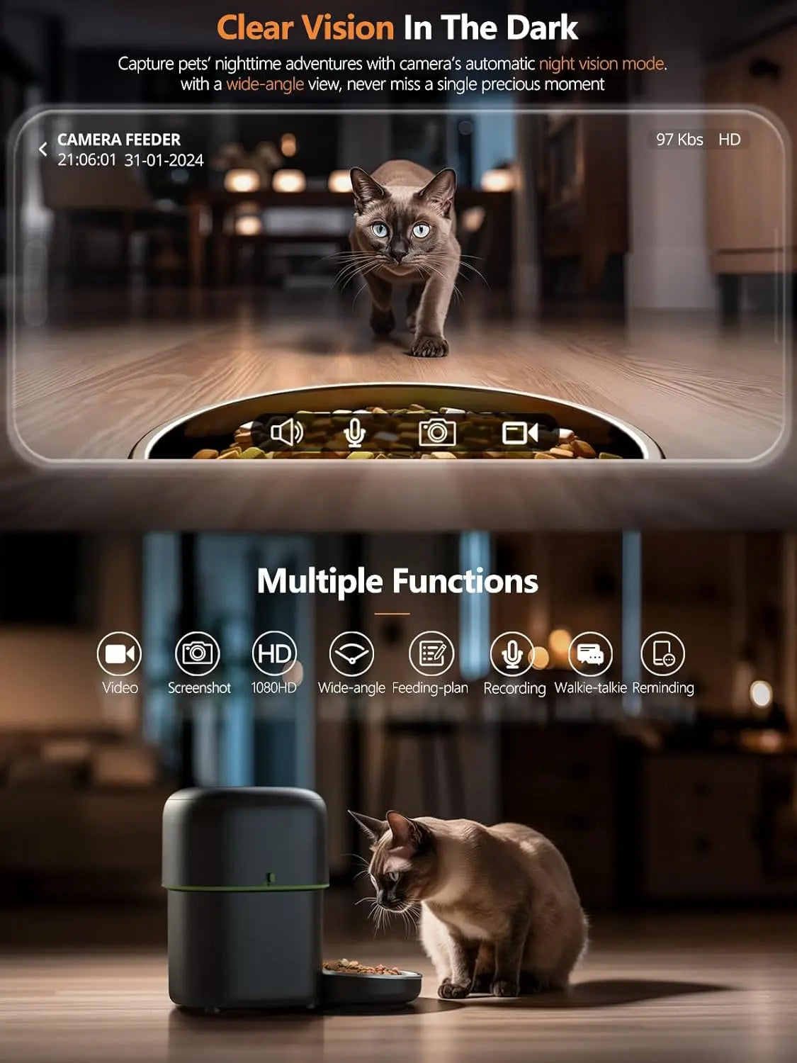 Cat Dogs Feeder 5GWIFI with 1080P Camera Cat Food Kibble Dispenser Auto Feeder for Cats Dogs Dry Food Accessories