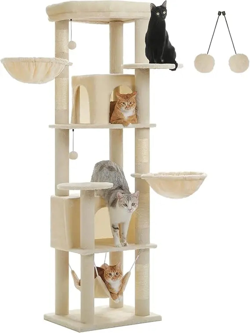 71.2 Inches Tall Cat Tree for Large Cats, Multi-Level Cat Tower with 2 Cozy Condos, Super Large Top Perch, 3 Hammocks, Sisal Scr