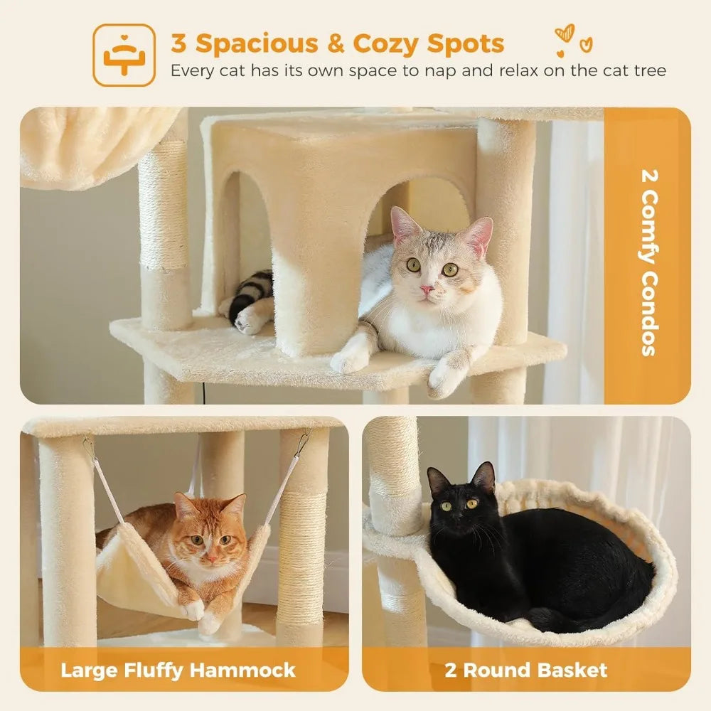 71.2 Inches Tall Cat Tree for Large Cats, Multi-Level Cat Tower with 2 Cozy Condos, Super Large Top Perch, 3 Hammocks, Sisal Scr