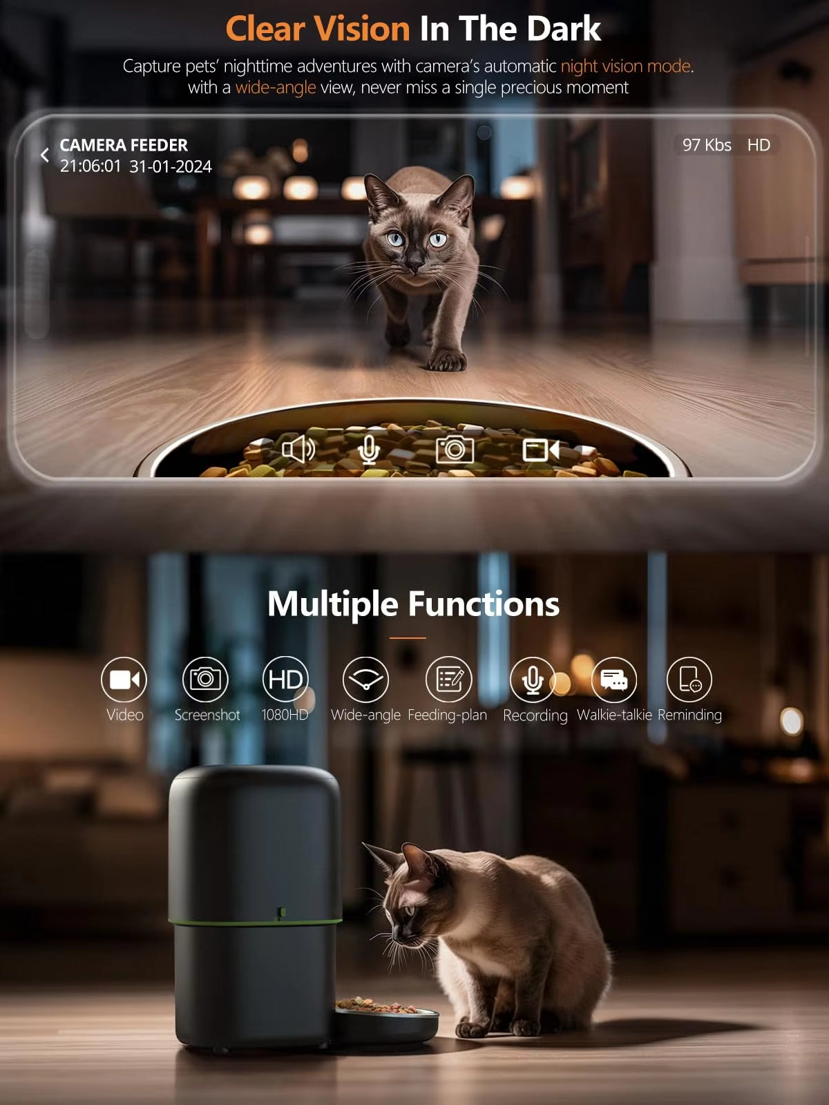 Automatic Cat Feeder Camera  Pet Smart Cat Food Kibble Dispenser Tuya Control Wifi Auto Feeder for Cats Dog Accessories