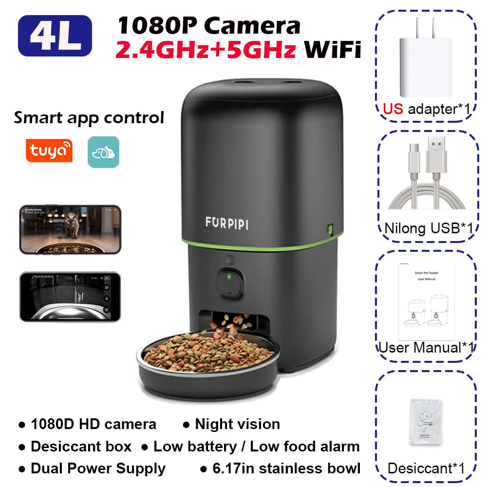 Cat Dogs Feeder 5GWIFI with 1080P Camera Cat Food Kibble Dispenser Auto Feeder for Cats Dogs Dry Food Accessories
