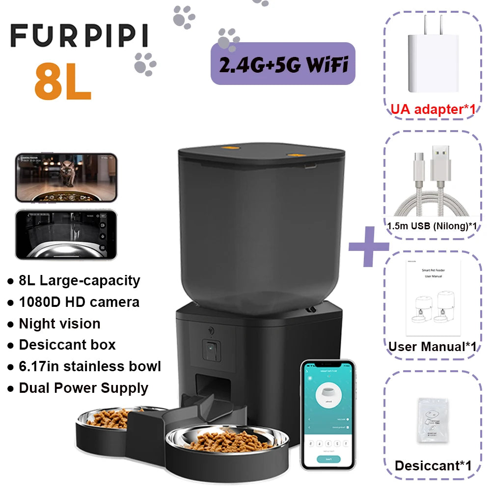 5G Automatic Cat Feeder with 1080P Camera Video Wifi Cat Food Dispenser Pet Smart Voice Recorder Remote Control Pet Auto Feeder